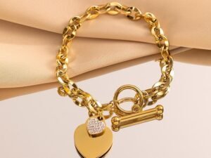 Pulsera doble corazón acero inoxidable chapado en oro de 18k