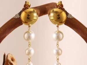 Aretes largos perlas acero inoxidable chapado en oro de 18k