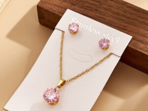 Set Zirconia rosada acero inoxidable chapada en oro de 18k