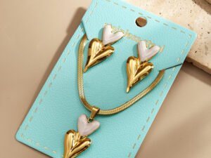 Set corazones largos blanco y dorado acero inoxidable