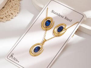 Set ovalado piedra azul acero inoxidable chapado en oro de 18k