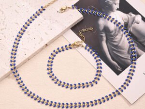 Set hojas azules acero inoxidable chapado en oro de 18k