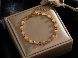 pulsera zirconias corazones rosados y dorados acero inoxidable chapado en oro de 18k