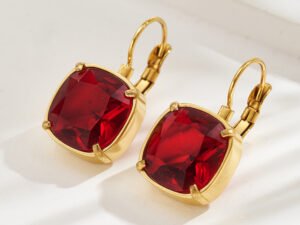 Aretes rojos cuadrado grande acero inoxidable chapado en oro de 18k