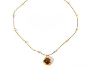 Collar borlas piedra cafe acero inoxidable chapado en oro de 18k