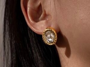 Aretes ovalo zirconia acero inoxidable chapado en oro de 18k