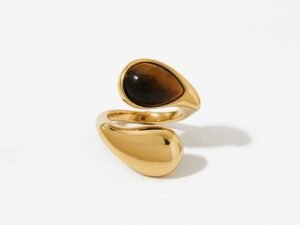 Anillo doble gota dorada y café acero inoxidable chapado en oro de 18k