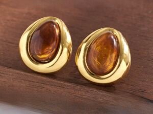Aretes gota cafe acero inoxidable chapado en oro de 18k