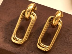 Aretes largos doble rectángulo acero inoxidable chapado en oro de 18k