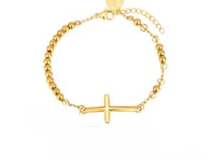 Pulsera cruz y medalla virgen acero inoxidable chapado en oro de 18k