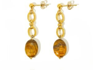 Aretes largos eslabon ovalo piedra cafe acero inoxidable chapado en oro de 18k