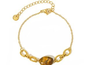 Pulsera ovalos y piedra cafe acero inoxidable chapado en oro de 18k