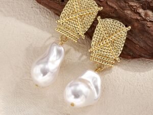 Aretes grandes piedra nacar acero inoxidable chapado en oro de 18k