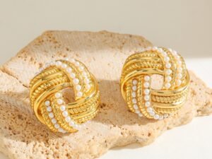 Aretes redondos lazos dorados y perlitas acero inoxidable chapado en oro de 18k