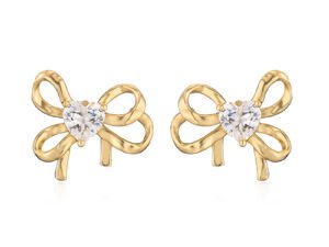 Aretes moña doble lazo corazon zirconia chapado en oro de 18k
