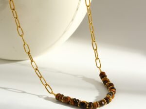 Collar paper clip y piedras cafe con dorado acero inoxidable chapado en oro de 18k