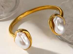 Aro doble piedra nacar semi abierto acero inoxidable chapado en oro de 18k