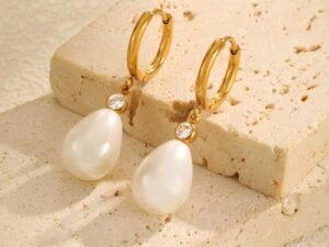 Aretes perla gota zirconias acero inoxidable chapado en oro de 18k