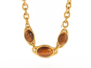 Collar eslabones grandes y triple piedra cafe acero inoxidable chapado en oro de 18k