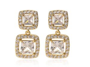 Aretes doble cuadrado circonias chapado en oro de 18k