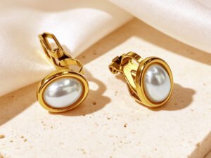 Aretes de presión con perla ovalada acero inoxidable chapado en oro