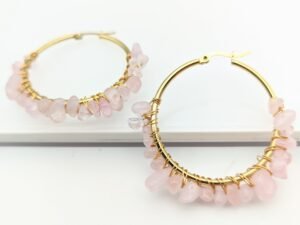 Argollas con piedras naturales rosa acero inoxidable chapado en oro