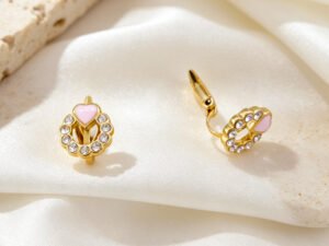 Aretes de presion circonias corazon rosa acero inoxidable chapado en oro
