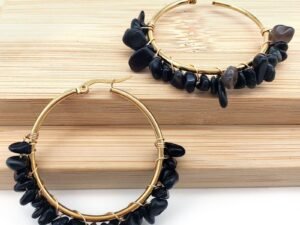 Argollas piedras negras 4cm acero inoxidable chapado en oro