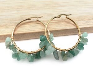 Argollas piedras verde jade 4cm acero inoxidable chapado en oro