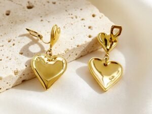 Aretes de presión doble corazón acero inoxidable chapado en oro