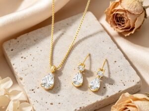 Set gota circonia acero inoxidable chapado en oro