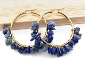 Argollas piedras azules 4cm acero inoxidable chapado en oro