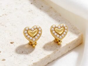 Aretes de presion corazón perlas acero inoxidable chapado en oro