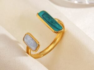 Anillo ajustable doble rectángulo verde y gris acero inoxidable chapado en oro