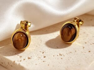 Aretes de presión piedra cafe acero inoxidable chapado en oro