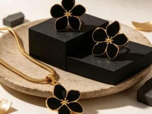Set flor negra acero inoxidable chapado en oro