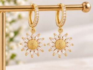 Argollas girasol con cristales chapado en oro de 18k