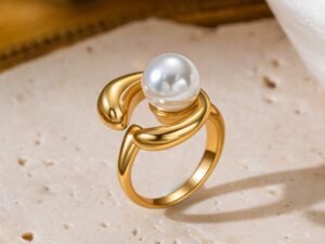 Anillo perla grande acero inoxidable chapado en oro