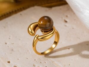 Anillo perla grande acero inoxidable chapado en oro