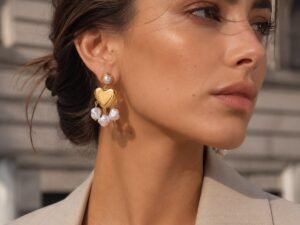Aretes corazón liso con perlas acero inoxidable chapado en oro