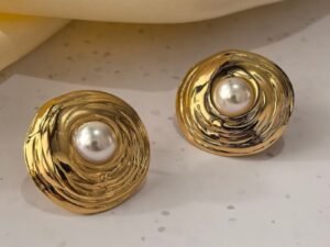Aretes Circulares con perlas acero inoxidable chapado en oro