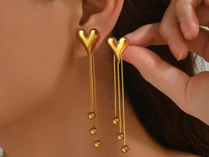 Aretes corazón borlas colgantes acero inoxidable chapado en oro