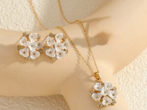 Set flores efecto nácar acero inoxidable chapado en oro