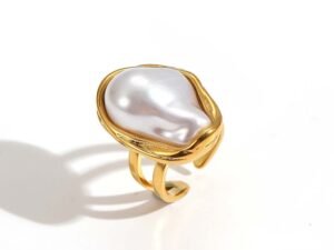 Anillo ajustable perla grande acero inoxidable chapado en oro