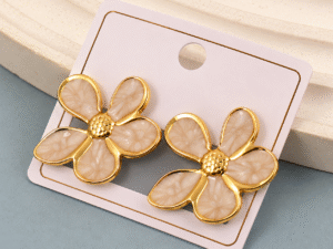 Aretes flor nacar rose acero inoxidable chapado en oro
